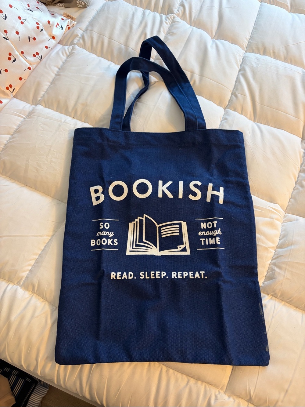 Bookish Navy Tote Bag with Graphic Print